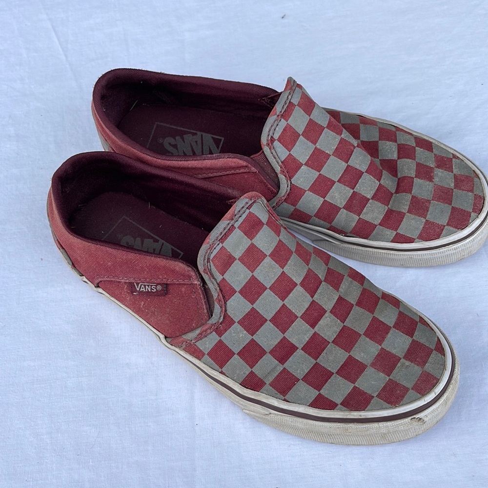 Maroon and Grey Checkered Vans